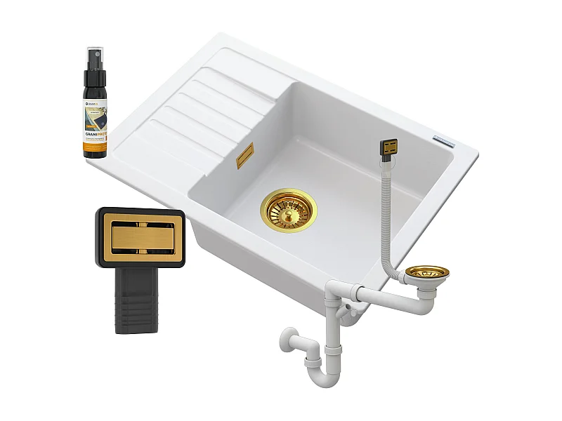 ÉVIER EN GRANIT BLANC ARGOS + SIPHON SQUARE GOLD