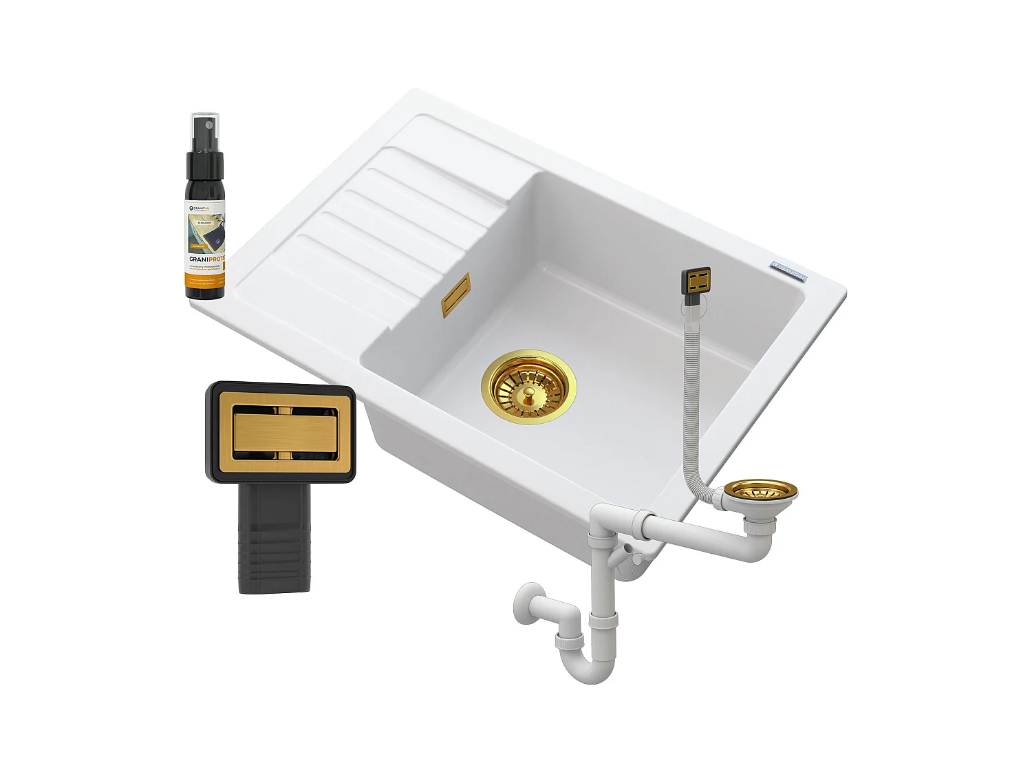 ÉVIER EN GRANIT BLANC ARGOS + SIPHON SQUARE GOLD