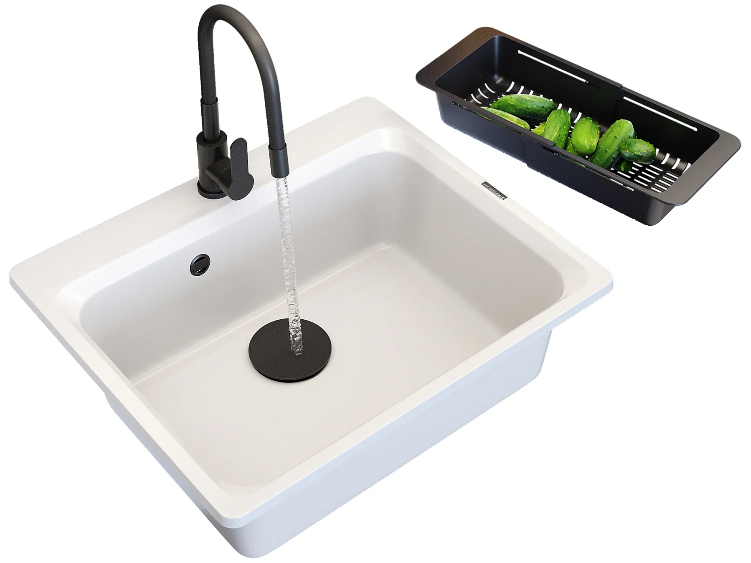 ÉVIER EN GRANIT ZANTE BLANC MITIGEUR DE CUISINE CAPUCHON DE PANIER NOIR