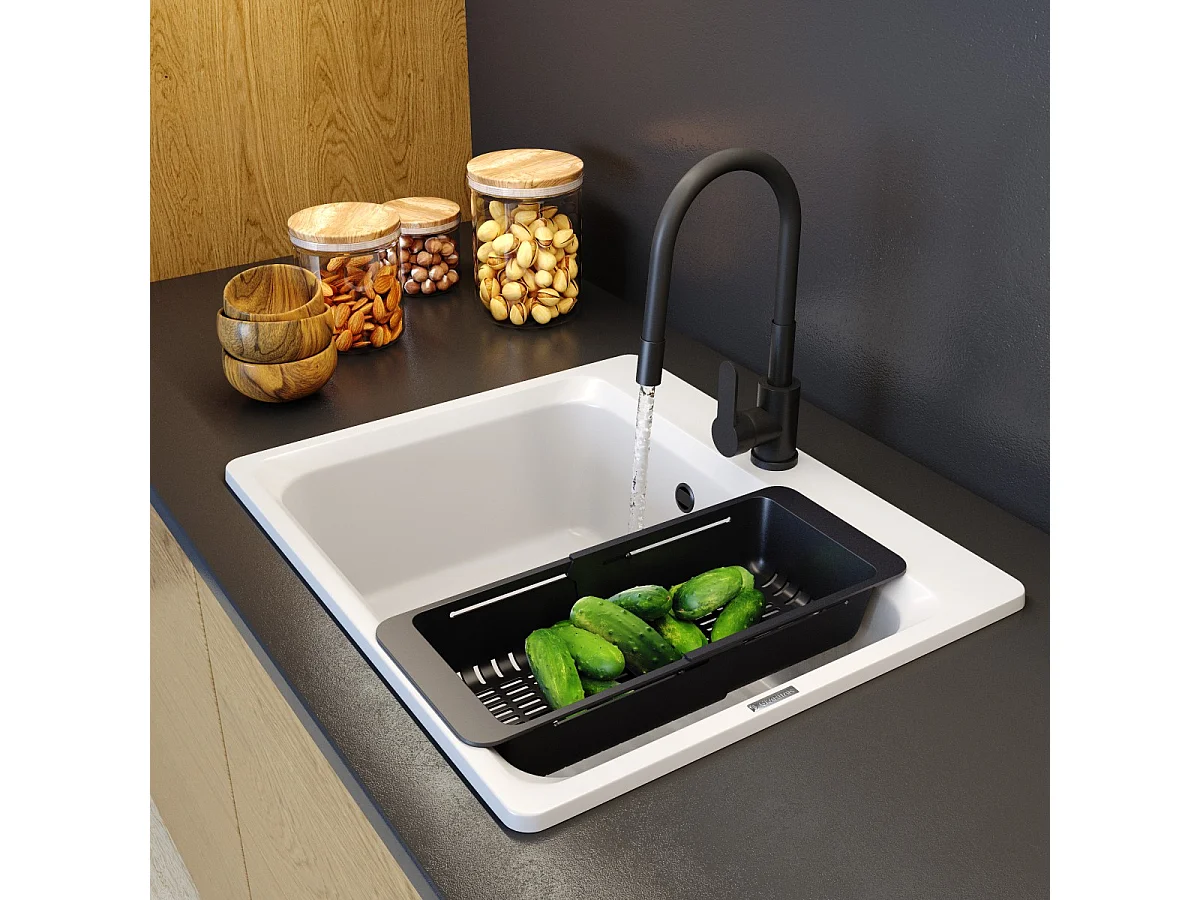 ÉVIER EN GRANIT ZANTE BLANC MITIGEUR DE CUISINE CAPUCHON DE PANIER NOIR