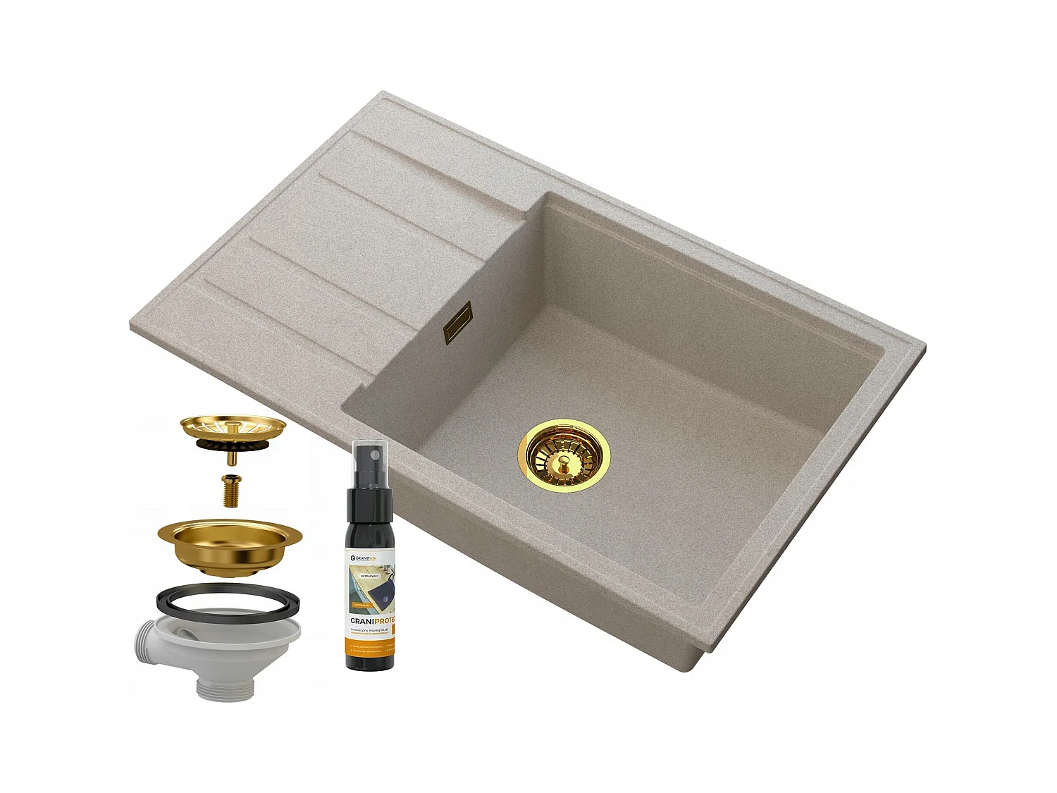 ÉVIER EN GRANIT BEIGE LOUIS ÉGOUTTOIR SIPHON GOLD