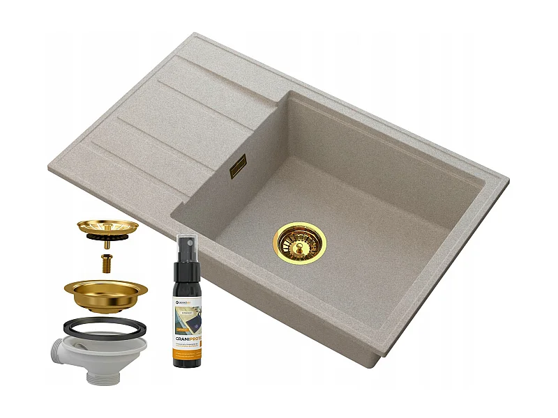 ÉVIER EN GRANIT BEIGE LOUIS ÉGOUTTOIR SIPHON GOLD