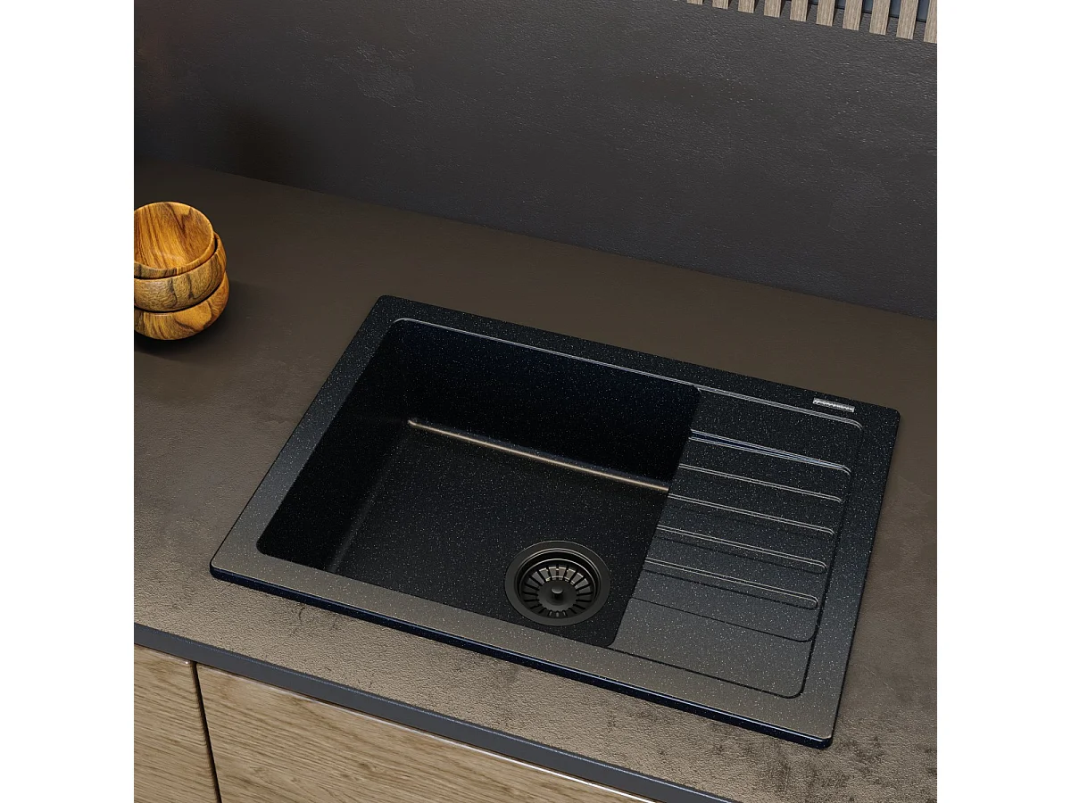ÉVIER EN GRANIT NOIR MÉTALLISÉ SIPHON ARGOS
