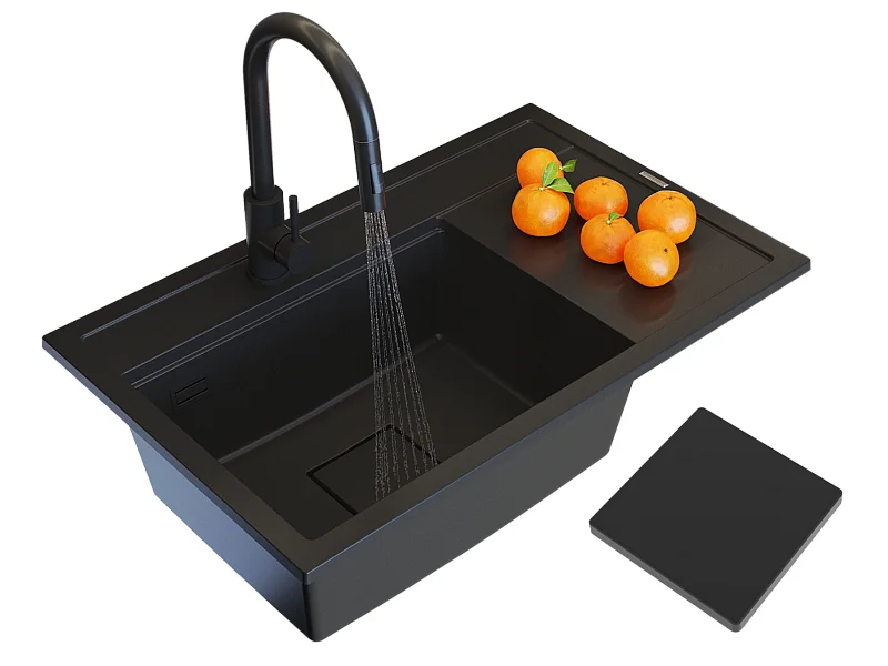 ÉVIER EN GRANIT ROBINET DE CUISINE NOIR CAPUCHON ENSEMBLE MODERNE RENDO