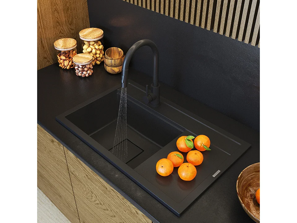 ÉVIER EN GRANIT ROBINET DE CUISINE NOIR CAPUCHON ENSEMBLE MODERNE RENDO