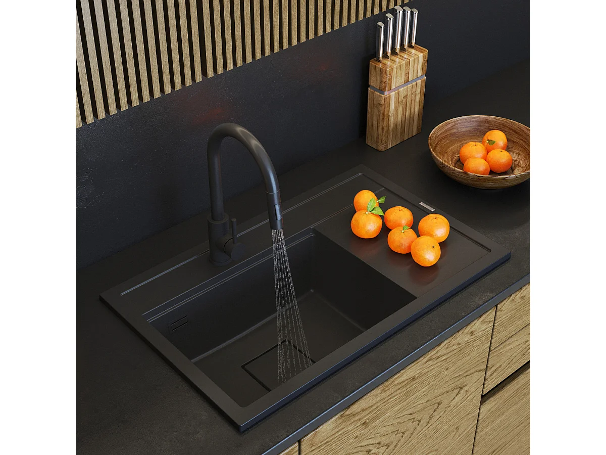 ÉVIER EN GRANIT ROBINET DE CUISINE NOIR CAPUCHON ENSEMBLE MODERNE RENDO