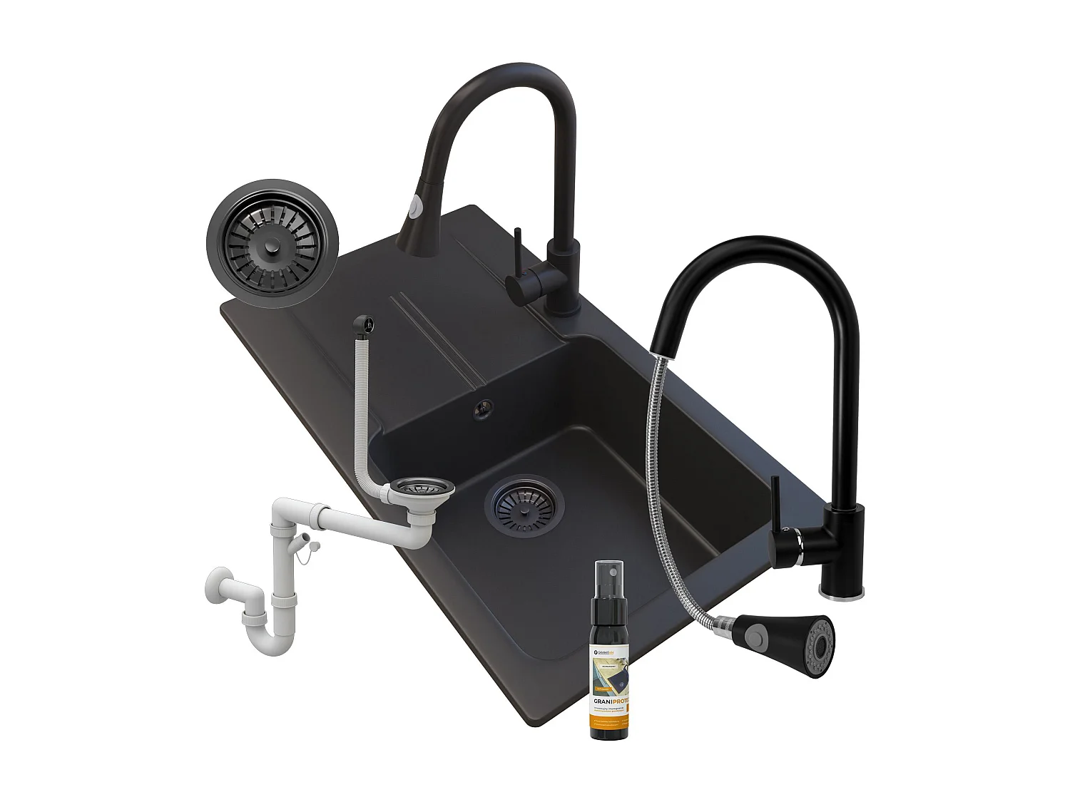 TASOS GRANITE NOIR ÉVIER + MÉLANGEUR SERPENT + SIPHON