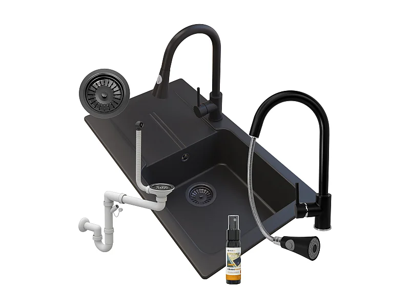 TASOS GRANITE NOIR ÉVIER + MÉLANGEUR SERPENT + SIPHON