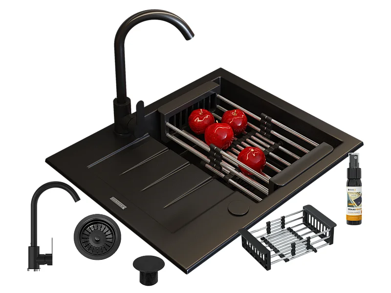 ÉVIER GRANIT NOIR CUISINE MITIGEUR ÉGOUTTOIR SIPHON SET MILANO