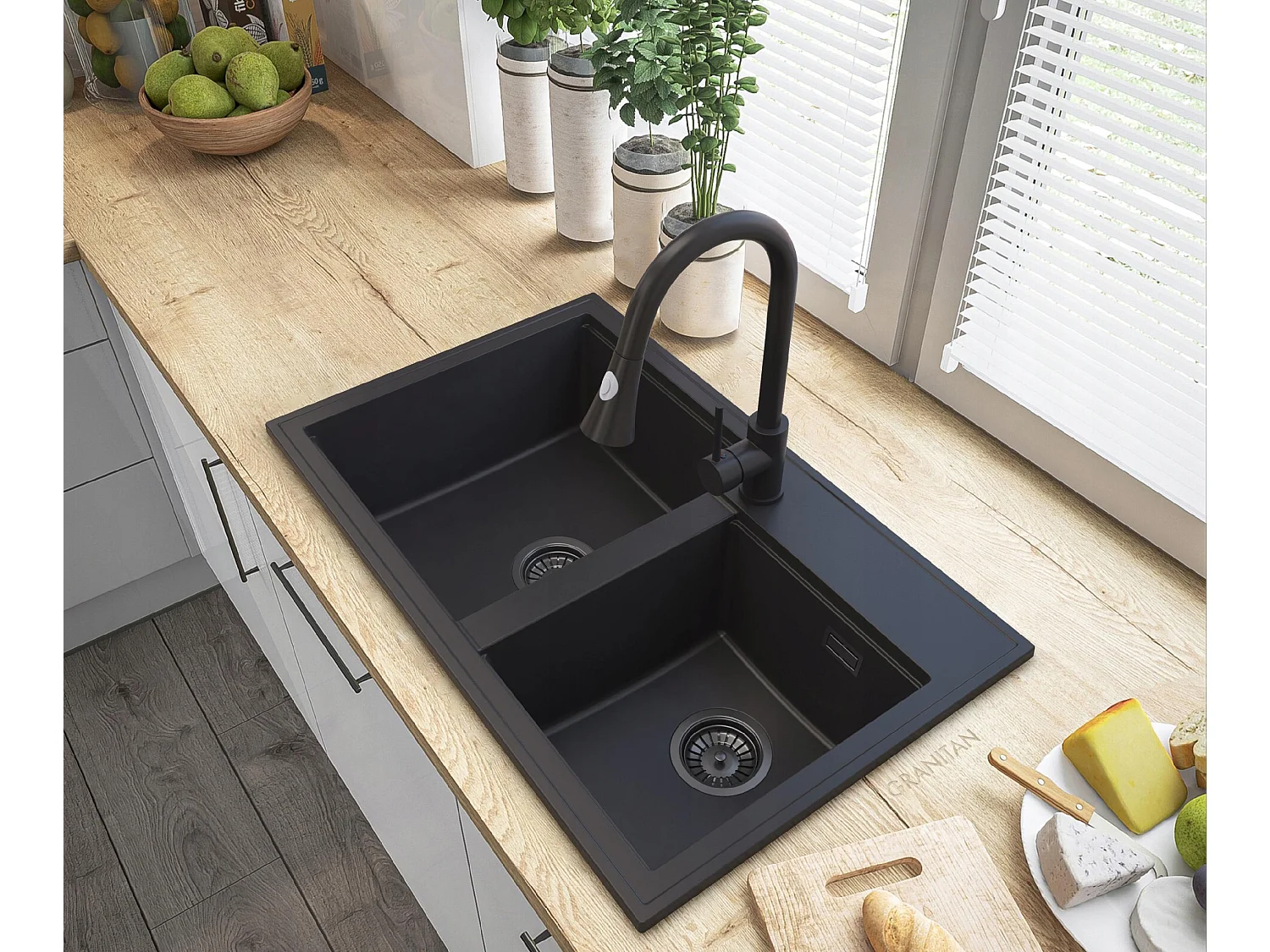 ÉVIER EN GRANIT NOIR ROBINET SIPHON HECTOR NOIR