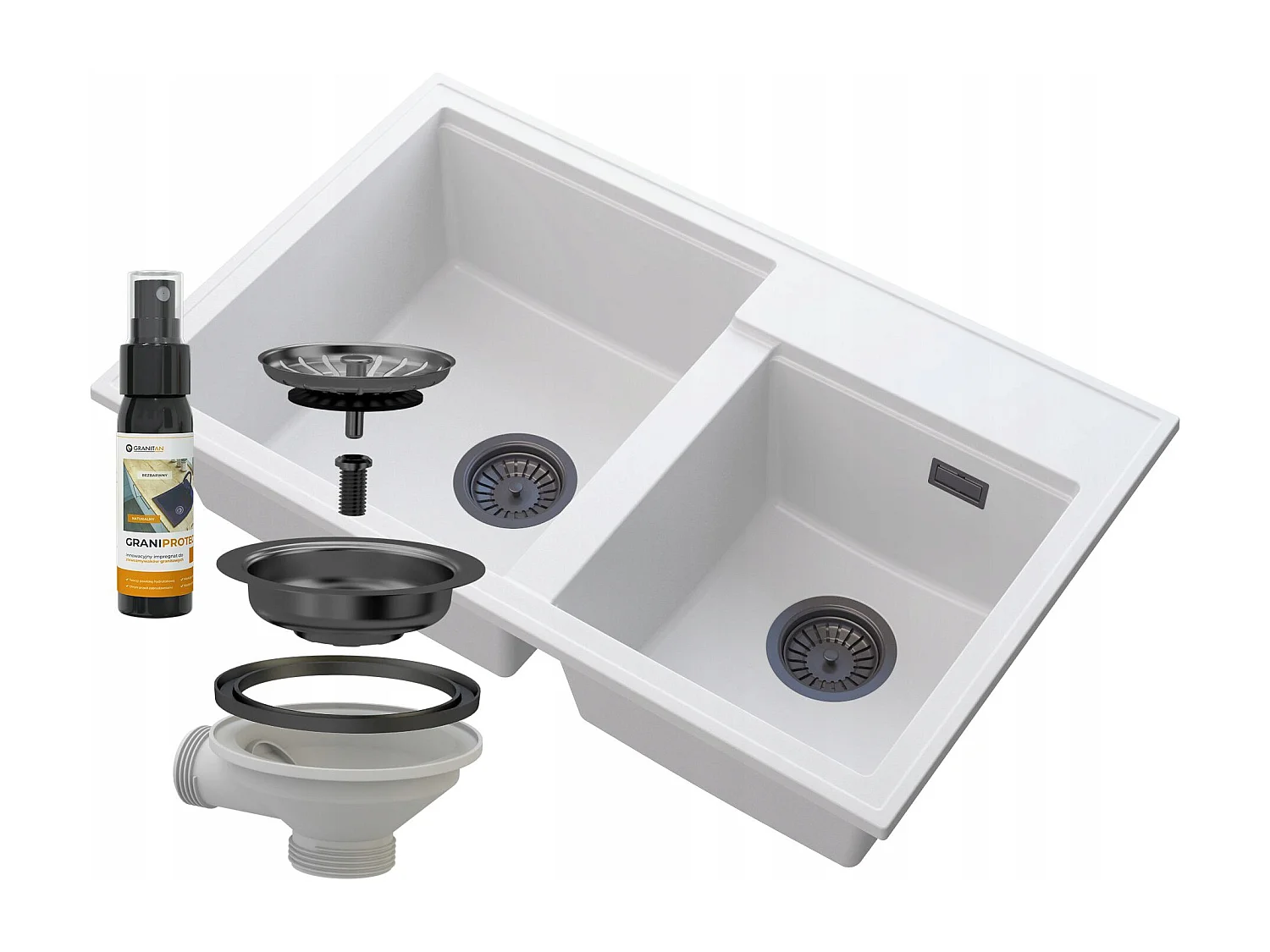 ÉVIER EN GRANIT BLANC HECTOR 2 COMPARTIMENTS SIPHON NOIR