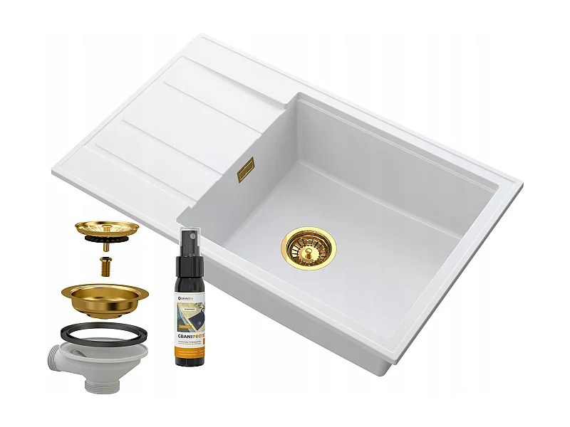 ÉVIER MONOCUVE EN GRANIT LOUIS AVEC ÉGOUTTOIR SIPHON OR