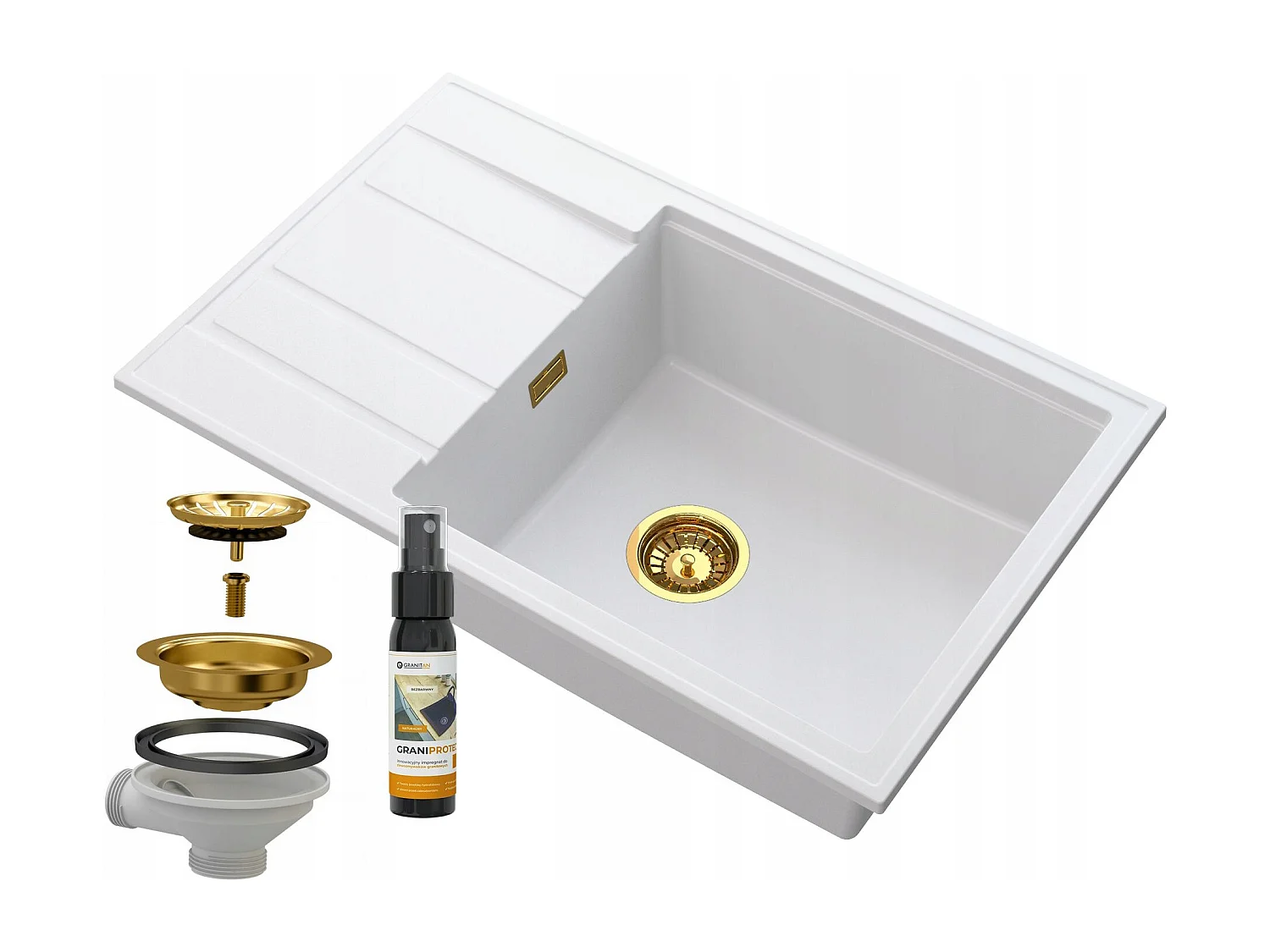 ÉVIER MONOCUVE EN GRANIT LOUIS AVEC ÉGOUTTOIR SIPHON OR