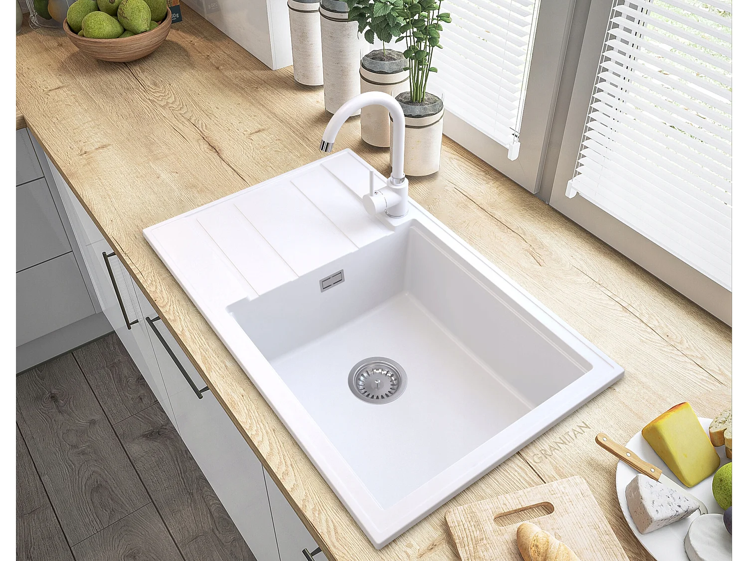 ÉVIER GRANIT LOUIS BLANC SIPHON CHROMÉ MITIGEUR