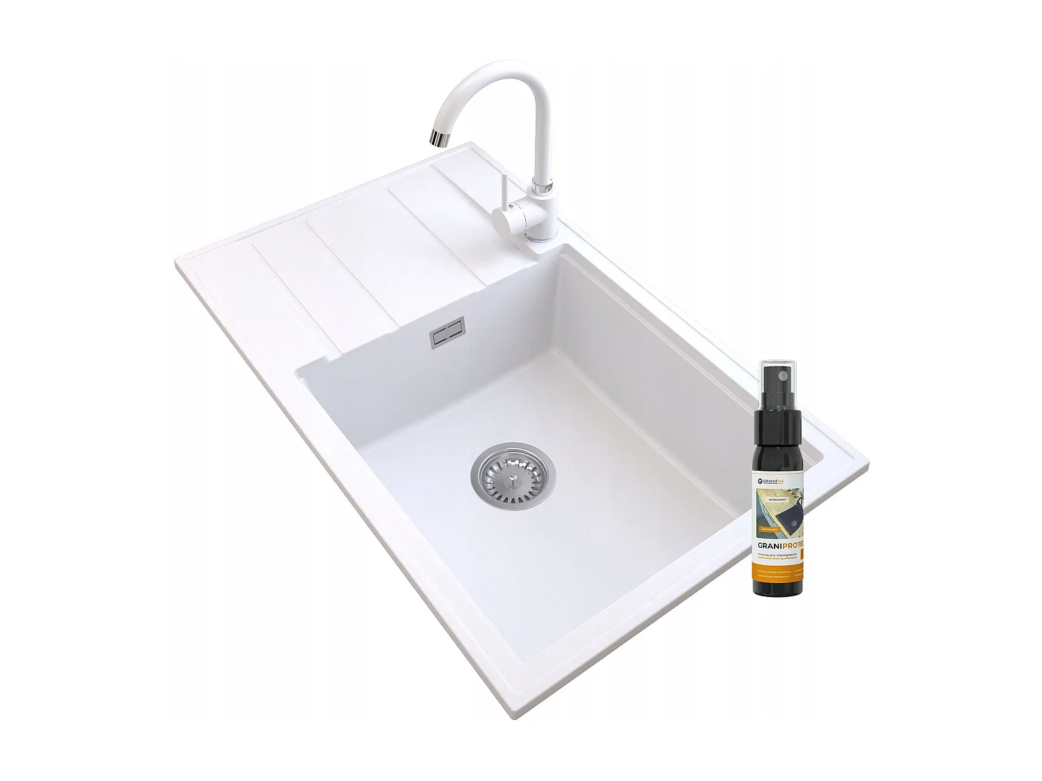 ÉVIER GRANIT LOUIS BLANC SIPHON CHROMÉ MITIGEUR