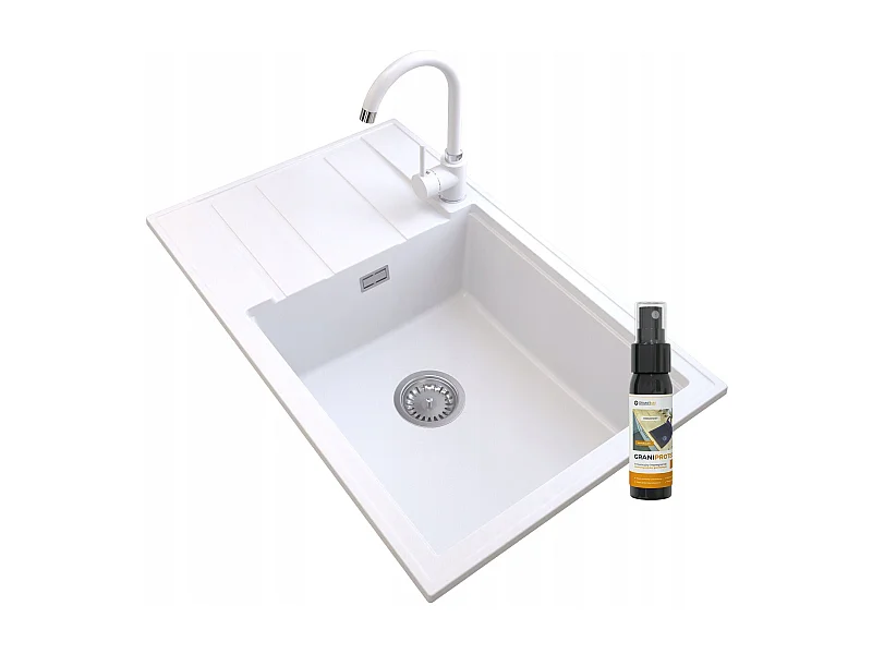 ÉVIER GRANIT LOUIS BLANC SIPHON CHROMÉ MITIGEUR