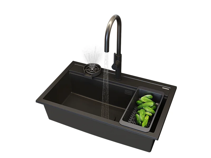 ÉVIER EN GRANIT NOIR GRAND ROBINET ÉGOUTTOIR LAVE-LINGE CAPOT SET ASTI