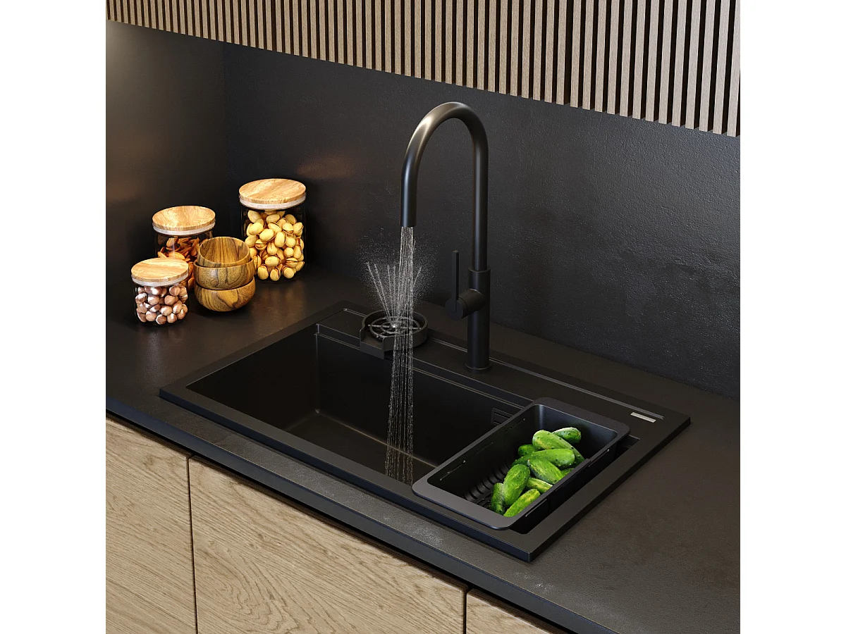 ÉVIER EN GRANIT NOIR GRAND ROBINET ÉGOUTTOIR LAVE-LINGE CAPOT SET ASTI