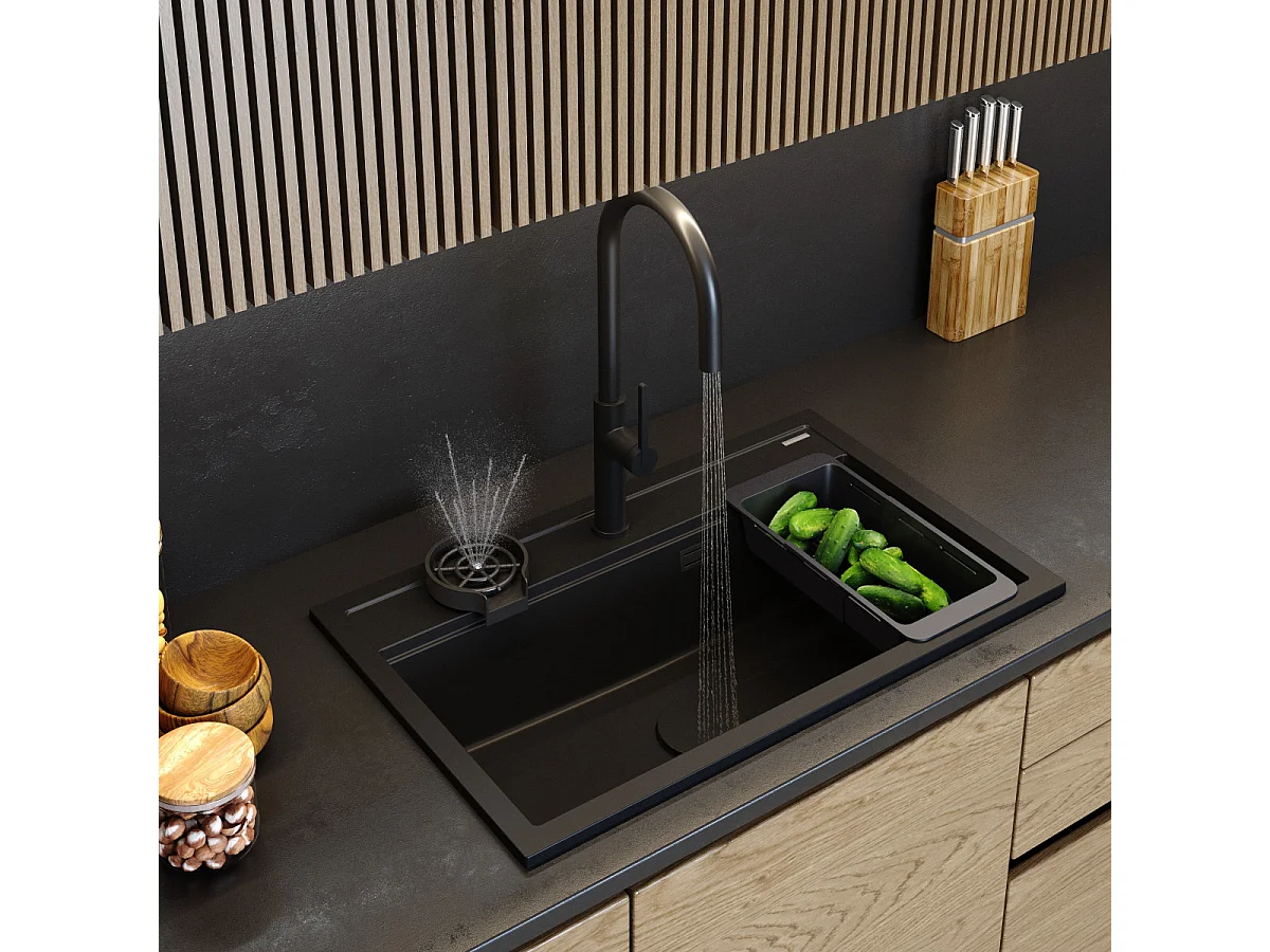 ÉVIER EN GRANIT NOIR GRAND ROBINET ÉGOUTTOIR LAVE-LINGE CAPOT SET ASTI