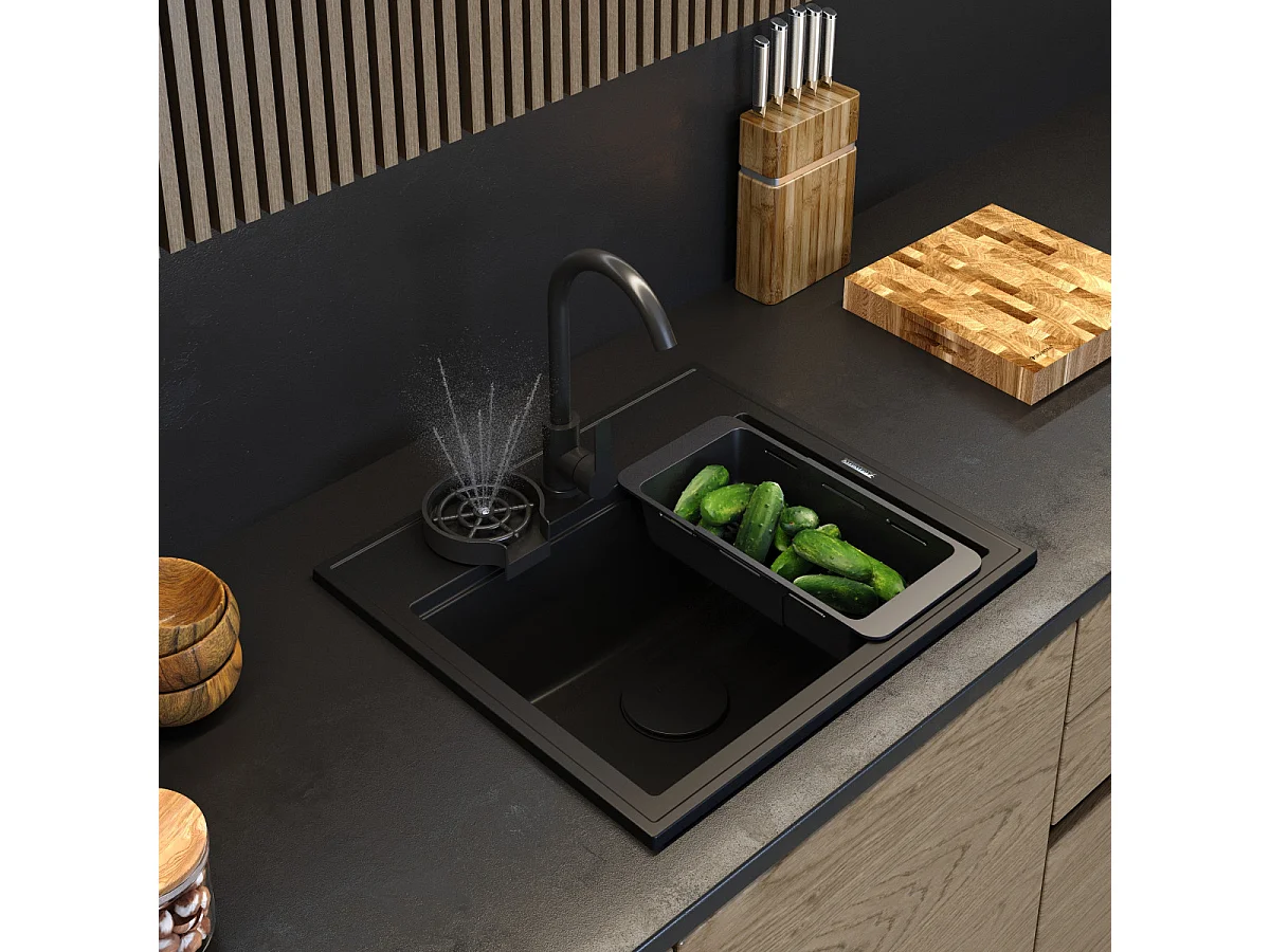ÉVIER EN GRANIT, ROBINETTERIE NOIRE, ÉGOUTTOIR, ENSEMBLE FOXAL