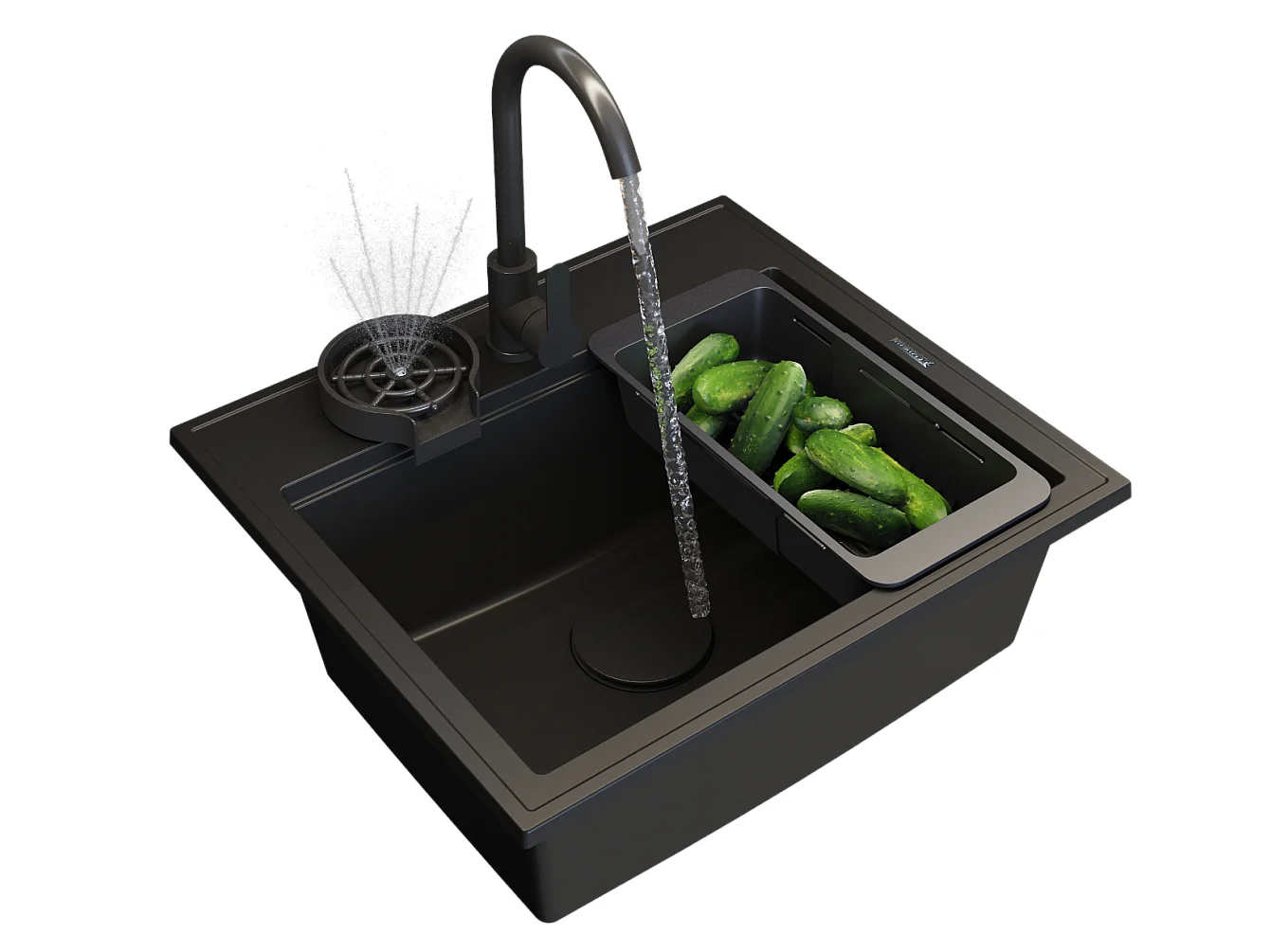 ÉVIER EN GRANIT, ROBINETTERIE NOIRE, ÉGOUTTOIR, ENSEMBLE FOXAL