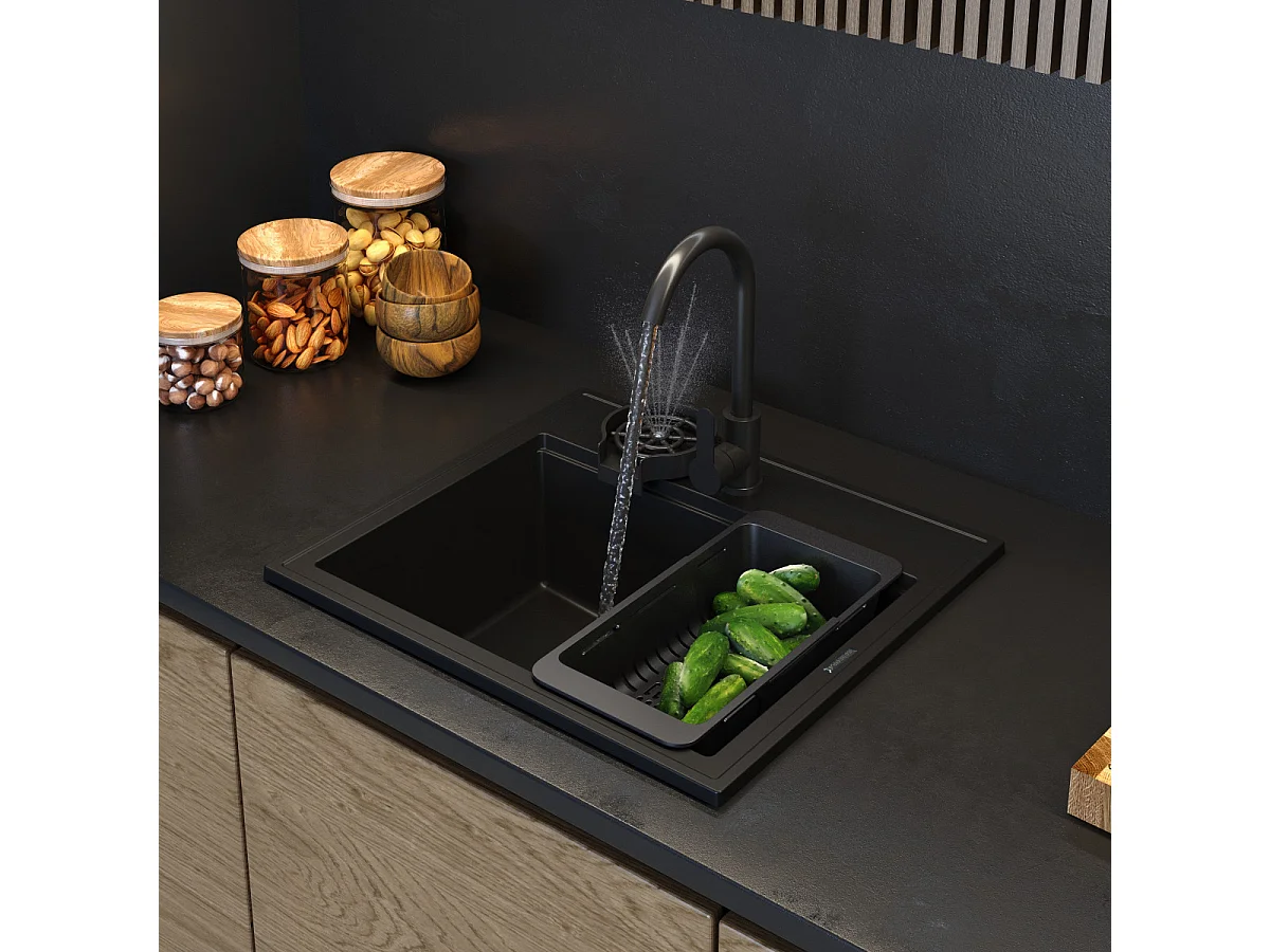 ÉVIER EN GRANIT, ROBINETTERIE NOIRE, ÉGOUTTOIR, ENSEMBLE FOXAL
