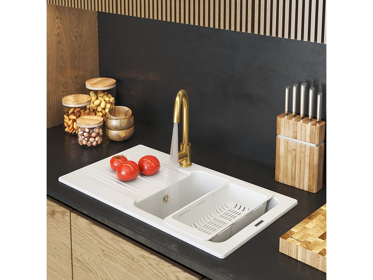 ÉVIER EN GRANIT ADA ÉVIER À UN BAC BLANC ROBINET SIPHON GOLD