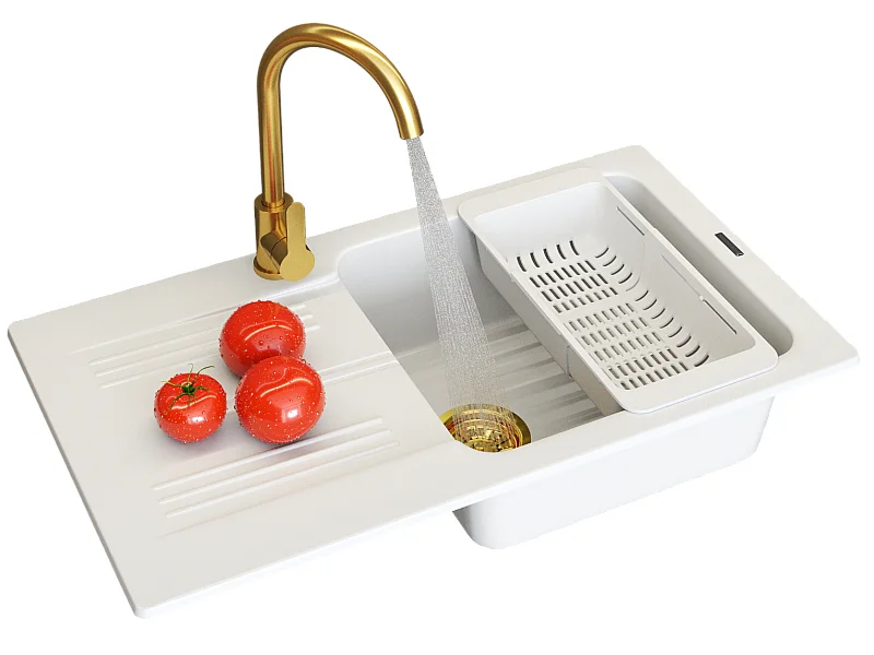 ÉVIER EN GRANIT ADA ÉVIER À UN BAC BLANC ROBINET SIPHON GOLD