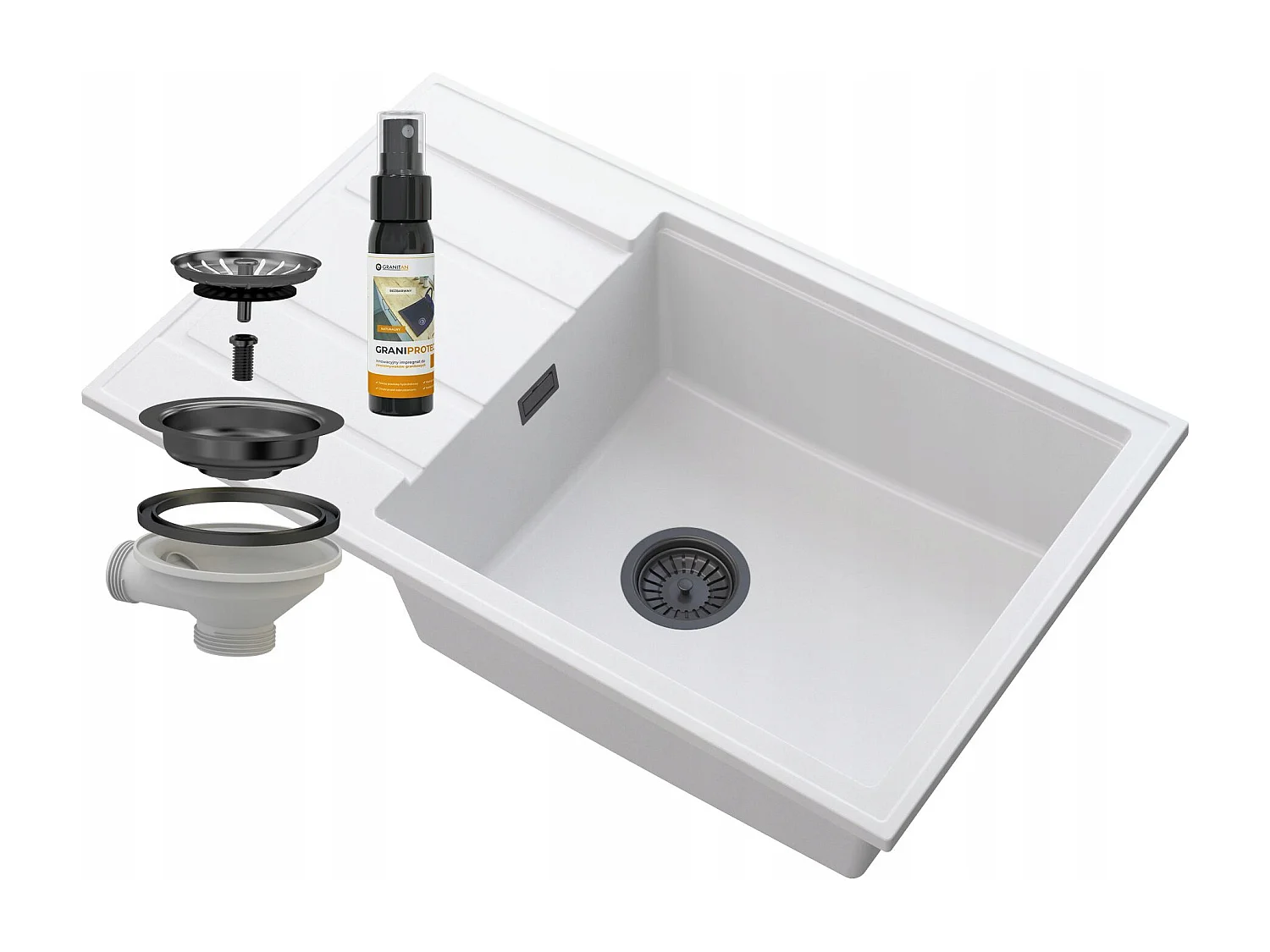 ÉVIER GRANIT BLANC LOUIS ÉGOUTTOIR SIPHON NOIR