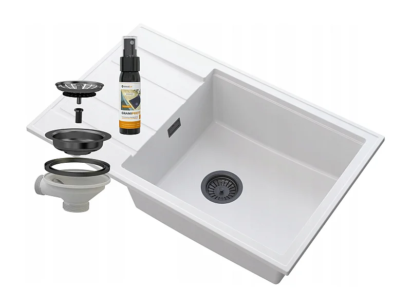 ÉVIER GRANIT BLANC LOUIS ÉGOUTTOIR SIPHON NOIR
