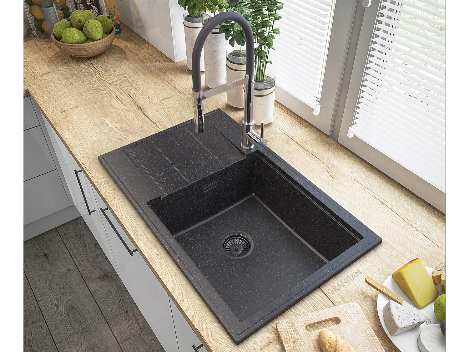 ÉVIER EN GRANIT LOUIS GRANIT SIPHON ROBINET CHROME