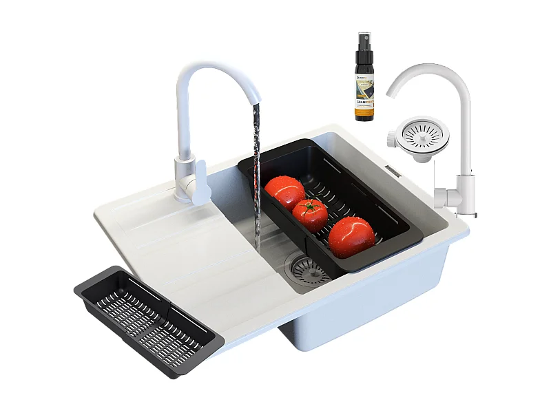 ÉVIER MONOCUVE EN GRANIT ROBINET SIPHON BLANC PANIER PAROS