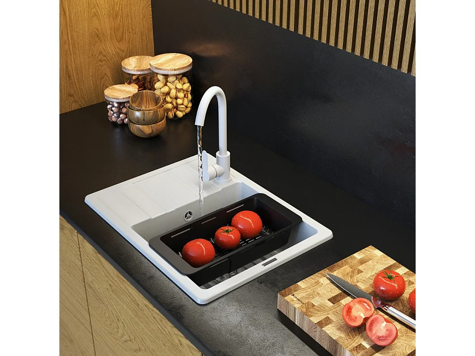 ÉVIER MONOCUVE EN GRANIT ROBINET SIPHON BLANC PANIER PAROS