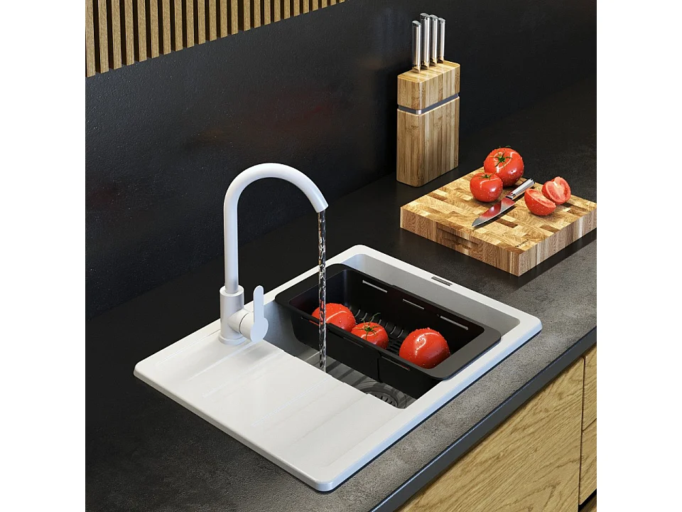 ÉVIER MONOCUVE EN GRANIT ROBINET SIPHON BLANC PANIER PAROS