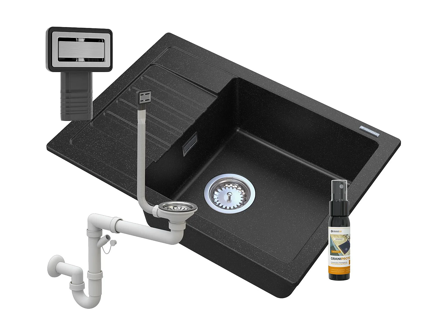 ARGOS ÉVIER GRANIT + SIPHON CARRÉ CHROMÉ