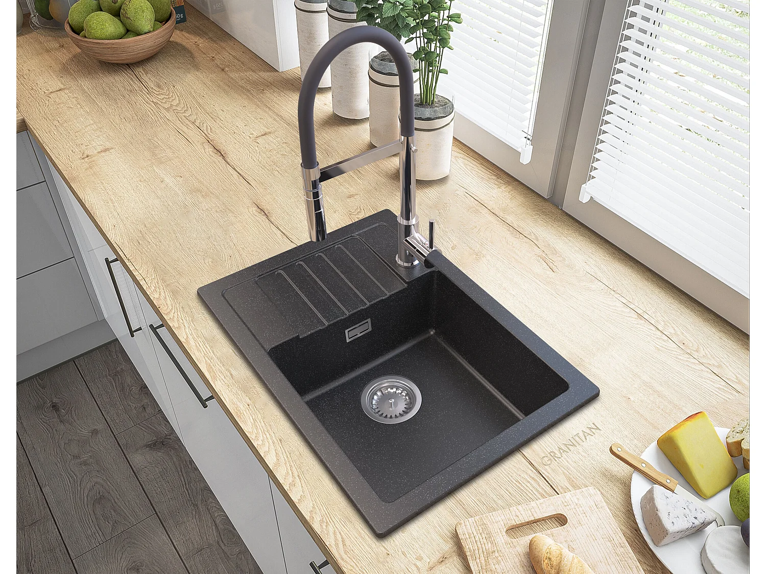ARGOS ÉVIER GRANIT + SIPHON CARRÉ CHROMÉ