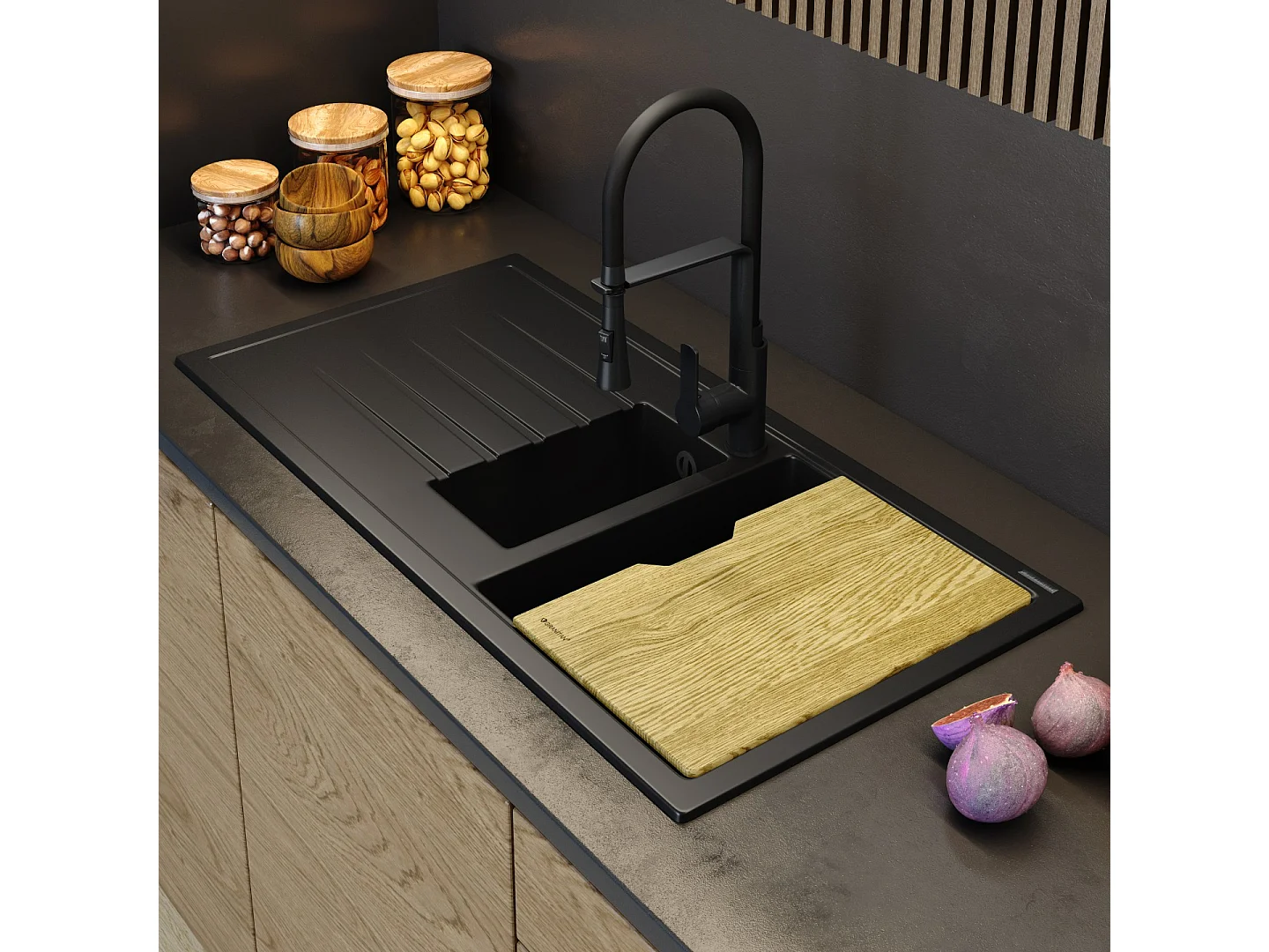 ÉVIER EN GRANIT 1,5K PANNEAU DE CHÊNE IMPRÉGNÉ SOLARIS