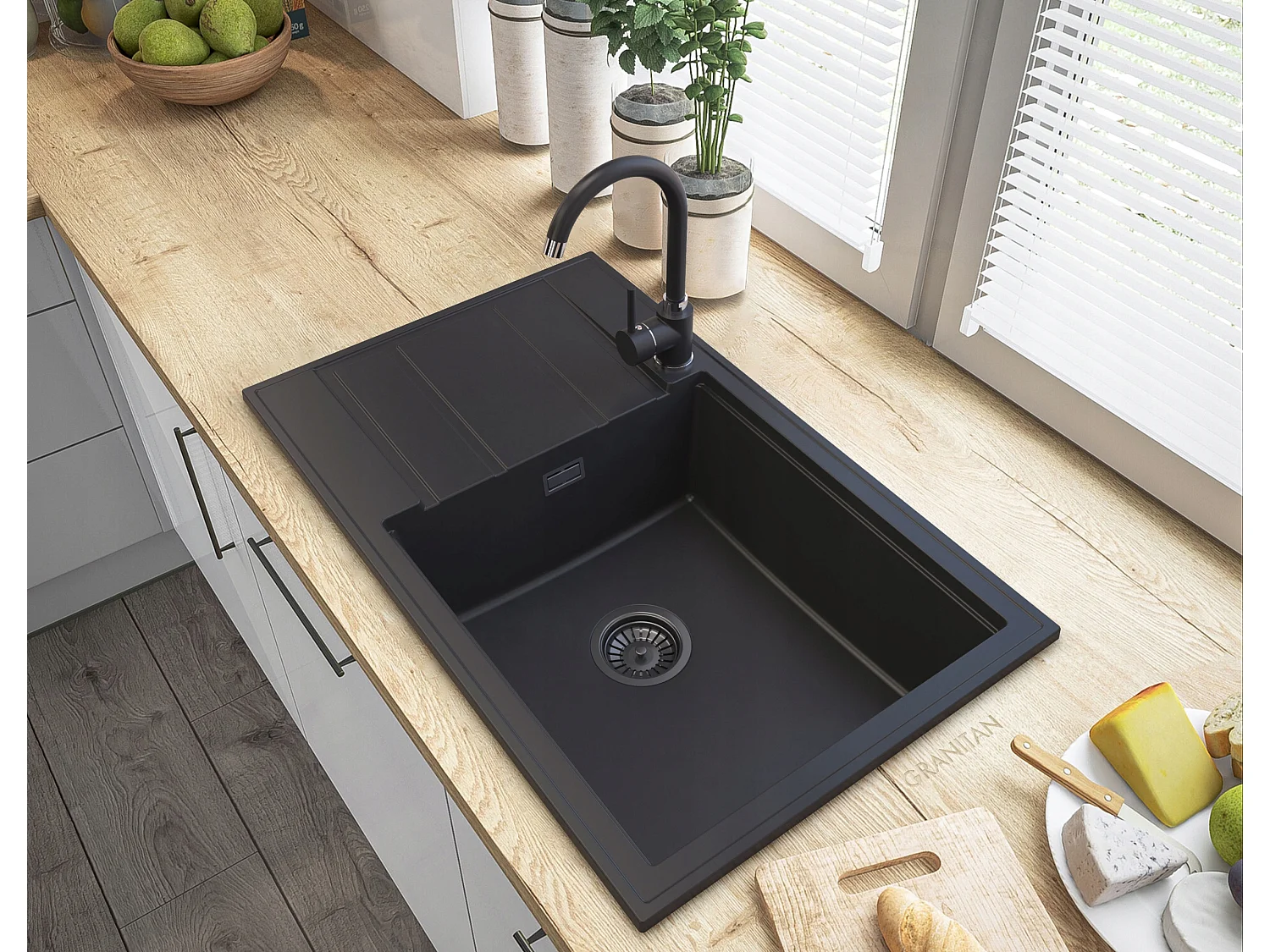 ÉVIER GRANIT NOIR SIPHON LOUIS ROBINET NOIR