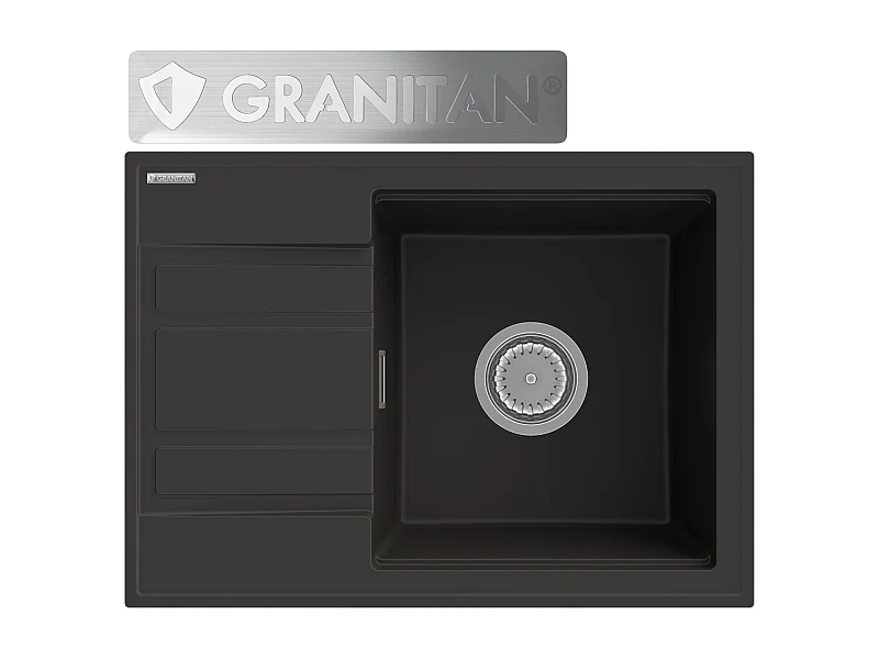 ÉVIER EN GRANIT ÉGOUTTOIR NOIR + SIPHON DOUCHETTE CHROMÉE