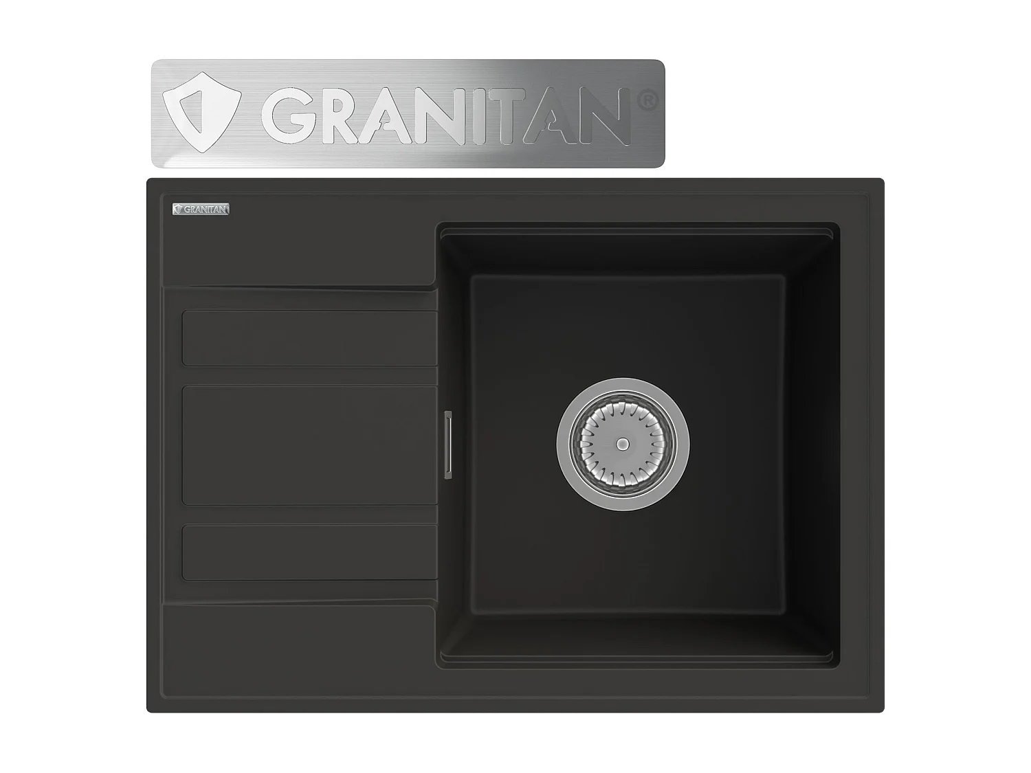 ÉVIER EN GRANIT ÉGOUTTOIR NOIR + SIPHON DOUCHETTE CHROMÉE