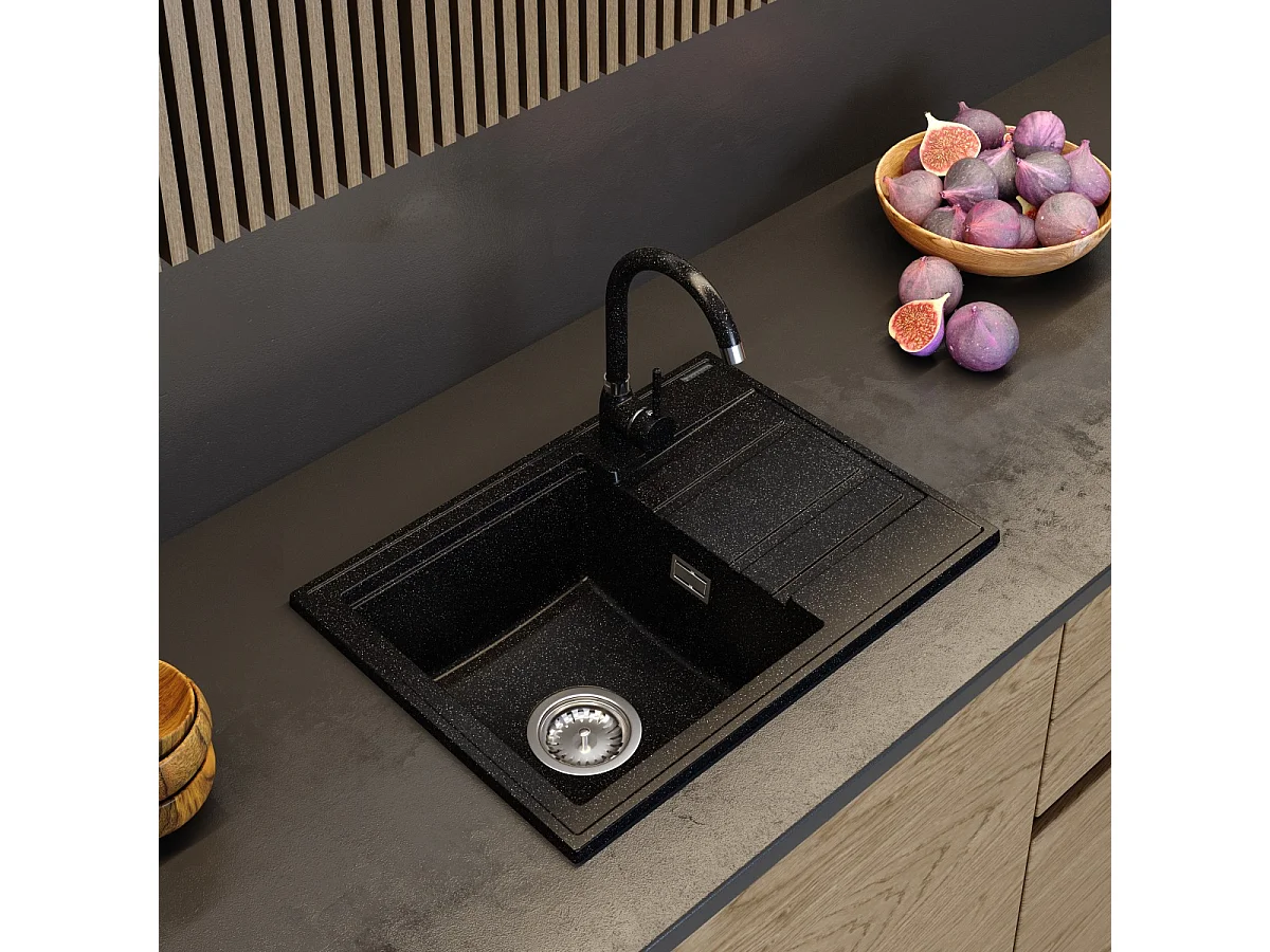 ÉVIER EN GRANIT ÉGOUTTOIR NOIR + SIPHON DOUCHETTE CHROMÉE