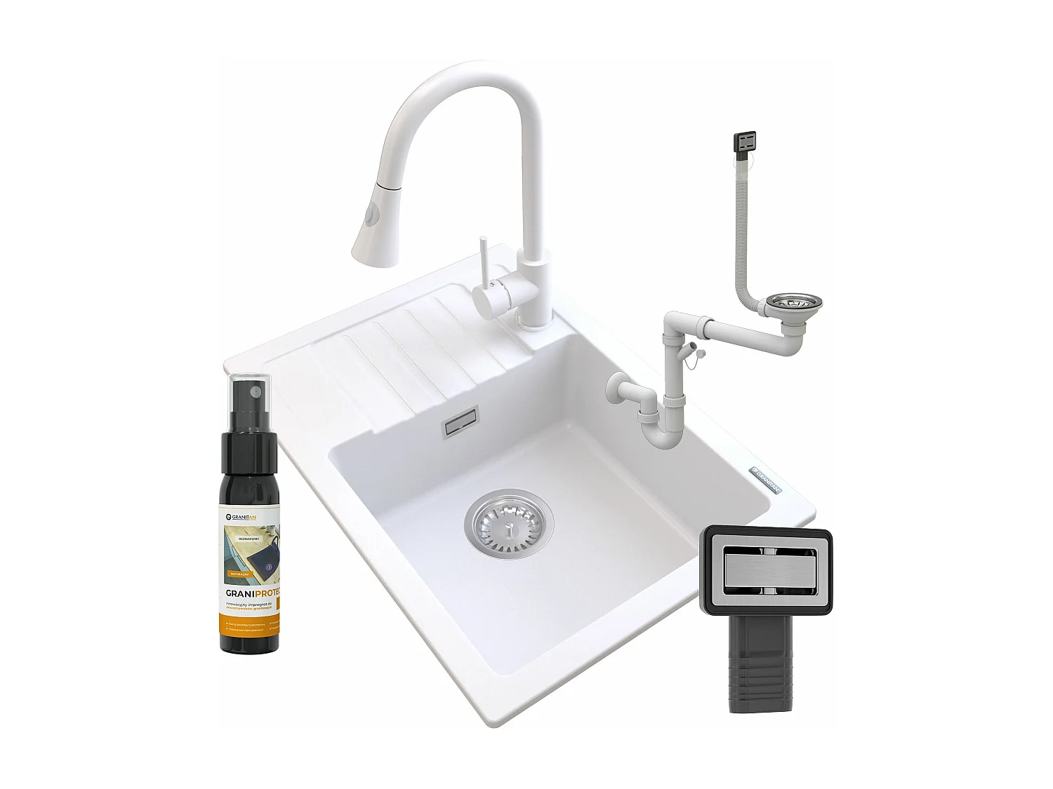 ÉVIER EN GRANIT BLANC ARGOS + ROBINET SERPENT + SIPHON