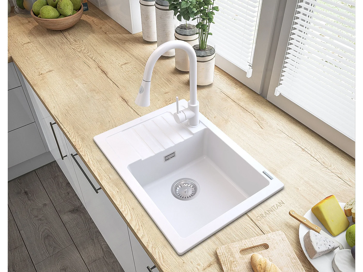 ÉVIER EN GRANIT BLANC ARGOS + ROBINET SERPENT + SIPHON