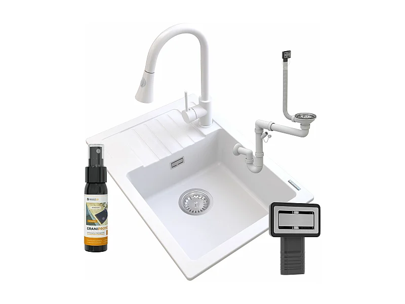 ÉVIER EN GRANIT BLANC ARGOS + ROBINET SERPENT + SIPHON