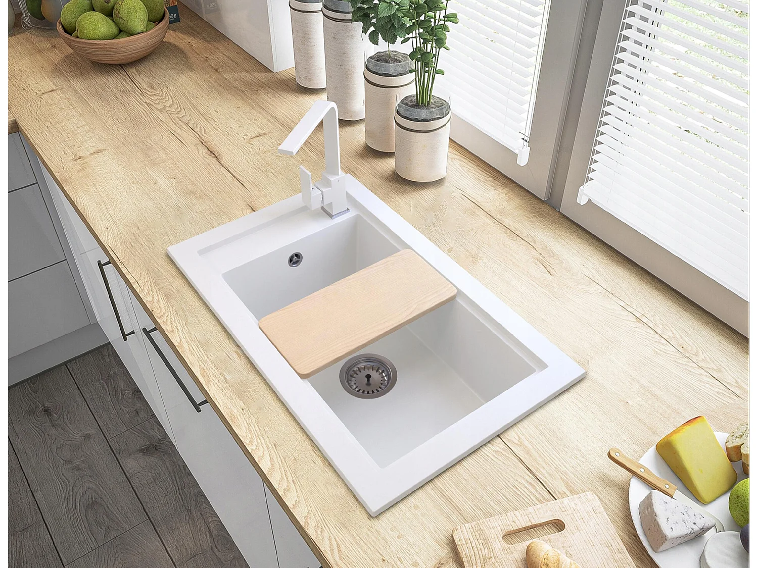 ÉVIER EN GRANIT + COIN ROBINETTERIE + SIPHON MURAL D