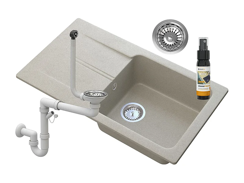 ÉVIER EN GRANIT AVEC ÉGOUTTOIR BEIGE SIPHON CHROME TASOS