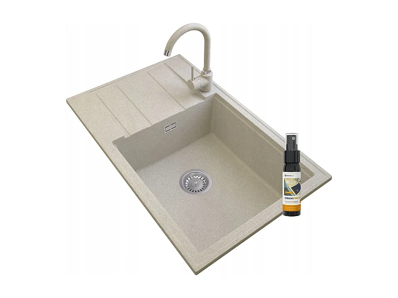 ÉVIER EN GRANIT LOUIS BEIGE ROBINET SIPHON CHROMÉ