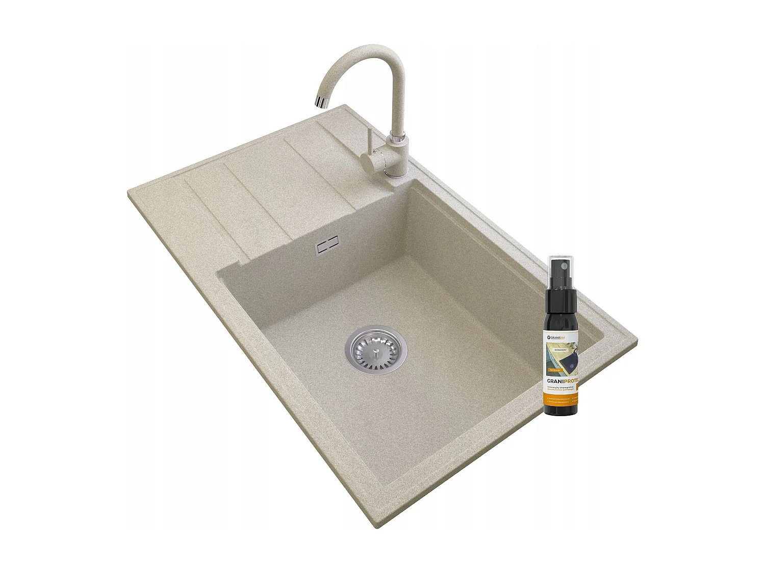 ÉVIER EN GRANIT LOUIS BEIGE ROBINET SIPHON CHROMÉ