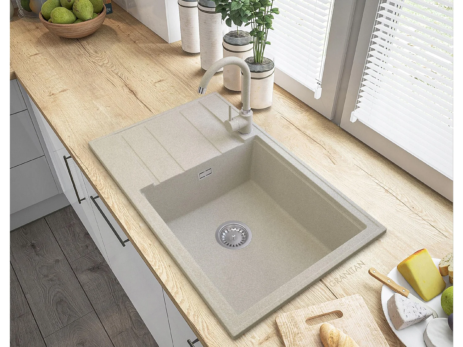 ÉVIER EN GRANIT LOUIS BEIGE ROBINET SIPHON CHROMÉ