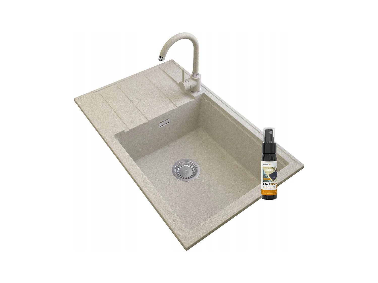 ÉVIER EN GRANIT LOUIS BEIGE ROBINET SIPHON CHROMÉ